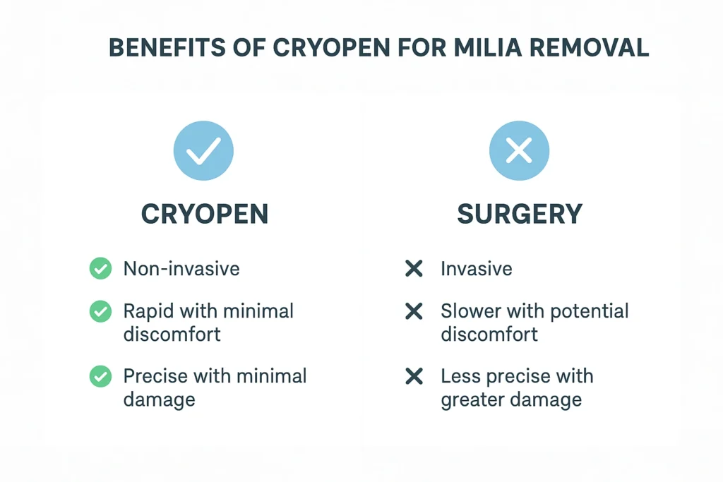 Benefits of cryopen for milia removal Sutton on Trent compared to surgical treatments.