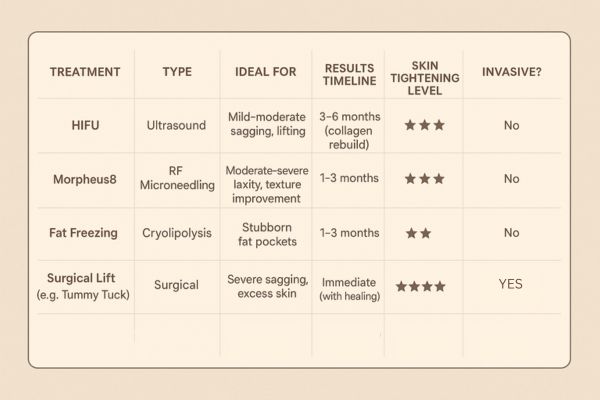 Table showing the comparisons of Skin tightening Sutton on Trent treatment options.